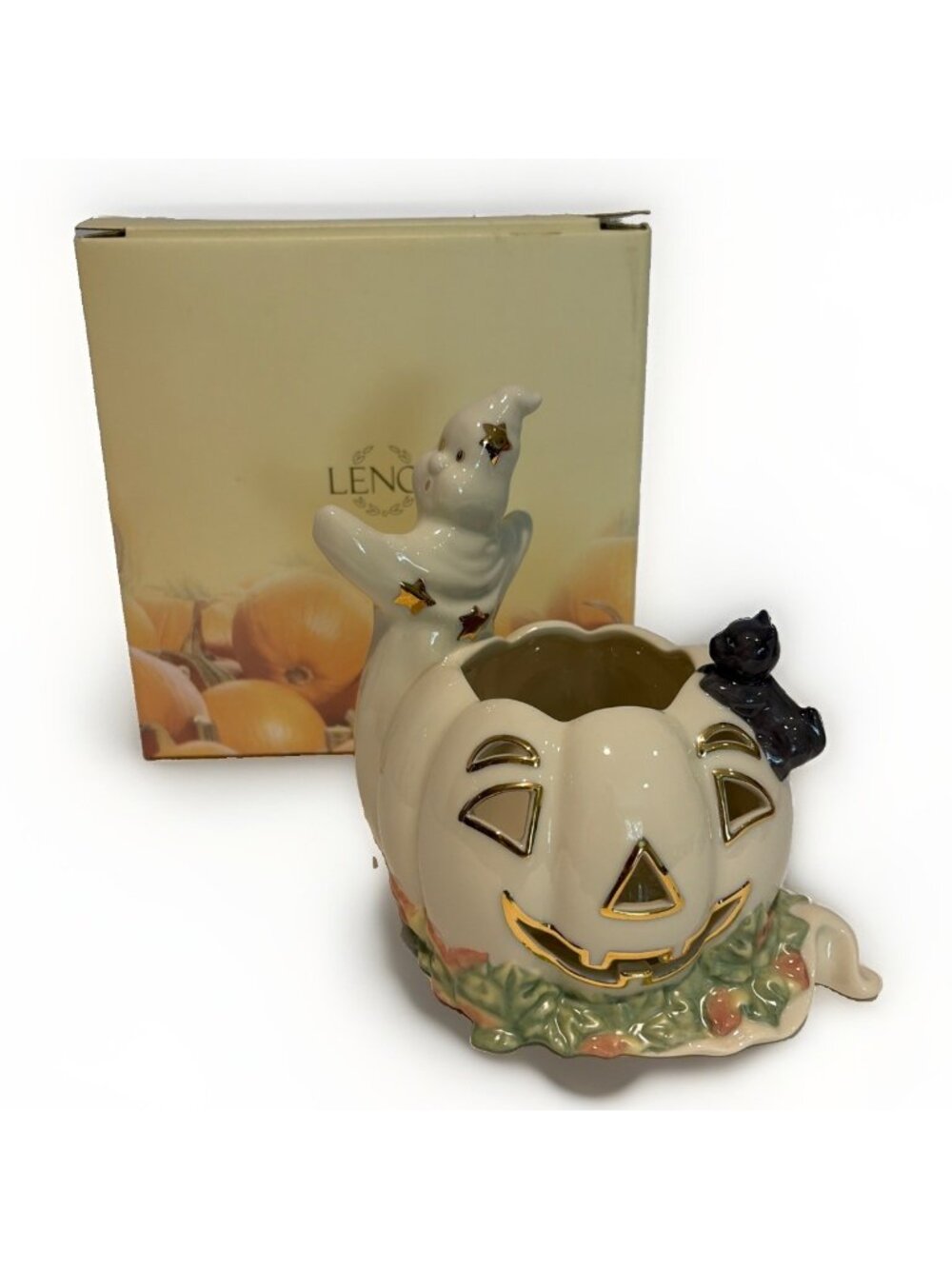 Lenox Ghost with Pumpkin Votive Candle Holder Jack O' Lantern Cat Fall Decor NIB